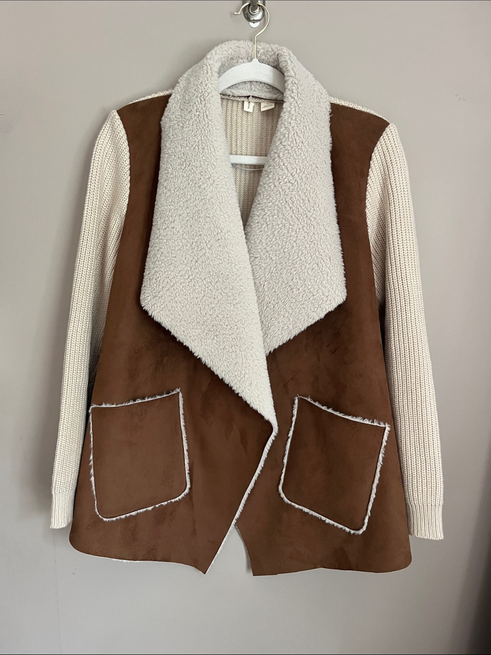 Anthropologie Moth Sherpa Faux Suede Cream Moto Sweater Jacket size medium